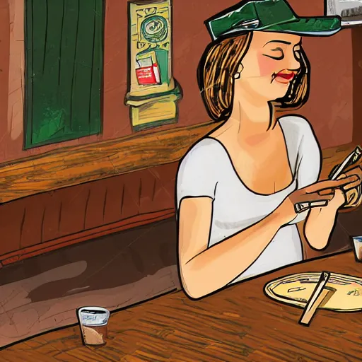 Image similar to a woman rolling a blunt while smoking weed sitting in a old sketchy pub, retro, smoke, digital art, detailed background, hyper realistic,