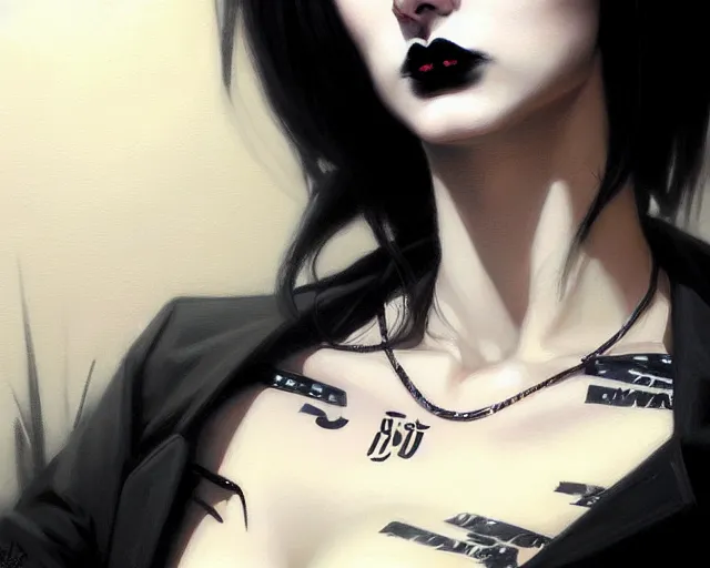 Image similar to a ultradetailed beautiful portrait panting of a stylish goth woman, wearing a shirt with a tie, dramatic, she has black hair, she is distressed, by hajime sorayama, greg rutkowski and enki bilal, trending on artstation