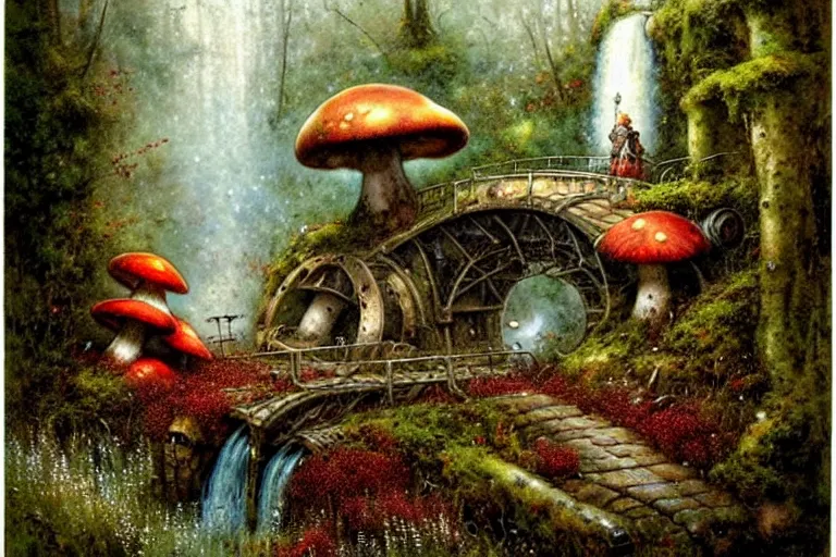 Image similar to adventurer ( ( ( ( ( 1 9 5 0 s retro future steam turbine and mill in forrest of giant mushrooms, moss and flowers stone bridge waterfall. muted colors. ) ) ) ) ) by jean baptiste monge!!!!!!!!!!!!!!!!!!!!!!!!! chrome red