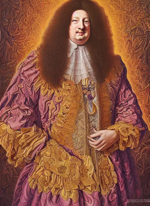 Image similar to beautiful oil painting, full length portrait of Louis xiv in coronation robes 1701, Dan Mumford, Dan Mumford, Alex grey, Alex grey, highly detailed , lsd visuals, dmt fractal patterns, hallucinogen, visionary art, psychedelic art, ornate, vaporwave, baroque