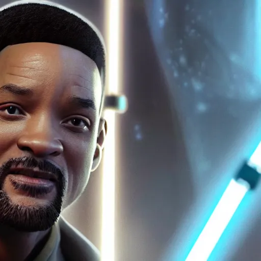 Image similar to will smith as a jedi, starwars, hyper detailed, digital art, trending in artstation, cinematic lighting, studio quality, smooth render, unreal engine 5 rendered, octane rendered