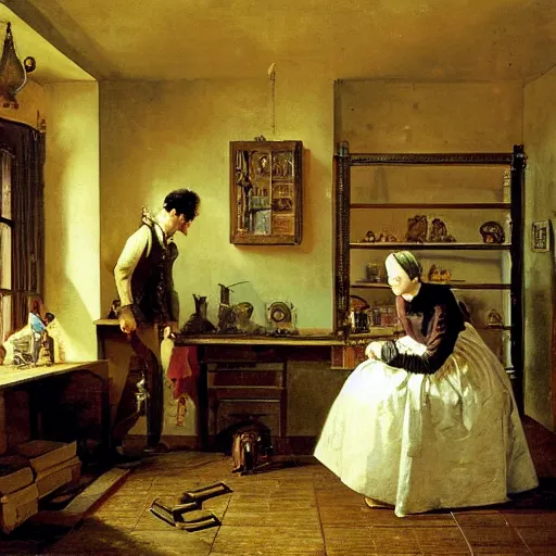 Image similar to young man and woman solving an escape room puzzle by carl spitzweg