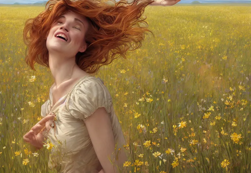 Image similar to a happy woman with copper hair and a flowing yellow sundress dancing in a field of wildflowers, with cute - fine - face, pretty face, realistic shaded perfect face, fine details by realistic shaded lighting poster by artstation, concept art, smooth, sharp focus, illustration, art by artgerm and greg rutkowski and alphonse mucha