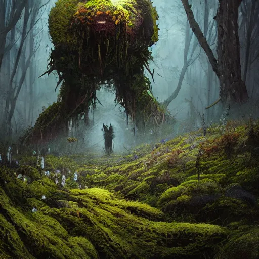 Image similar to a beautiful terrifying monster made out of moss and flowers, emerging from the undergrowth. ethereal horror fantasy art by greg rutkowski