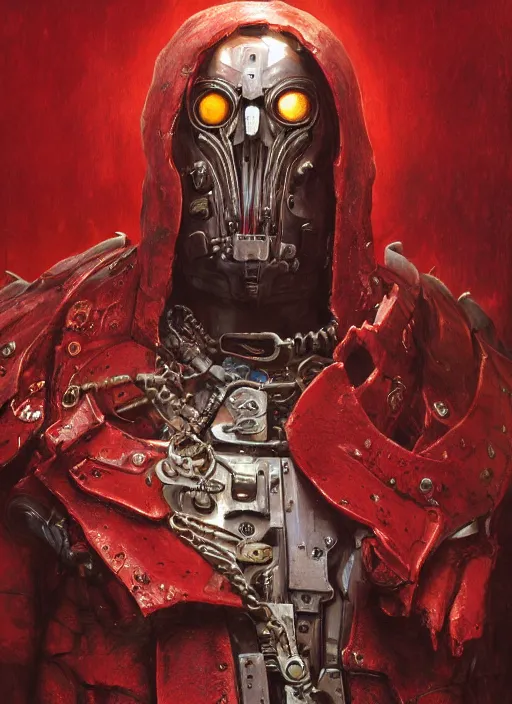 Image similar to portrait of rotten Nicolas Cage as adeptus mechanicus in red hood and robe from Warhammer 40000, mechanical tentacles. Highly detailed, artstation, illustration by and John Blanche and zdislav beksinski and wayne barlowe