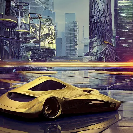 Image similar to car : motherboard forms designed by zaha hadid, a bit of graffiti forms sci-fi futuristic ultra realistic photography, keyshot render, octane render, unreal engine 5 render, high oiled liquid glossy specularity reflections, ultra detailed, golden hour, dramatic lighting 4k, 8k, 16k in the style ofblade runner 2049 Cyberpunk 2077 ghost in the shell thor 2 marvel film : tilt shift: sharp focus