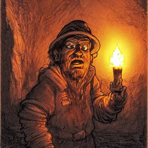 Image similar to an angry, grimy, dirty, grumpy [ old ], miner elf ( with red hat and a glowing latern ) in a pitch black mine, looks into the camera. angry kubrick stare, low key lighting, high contrast, theatrical, fairy tale illustration, character concept art by ivan bilibin, gustave dore and marc simonetti