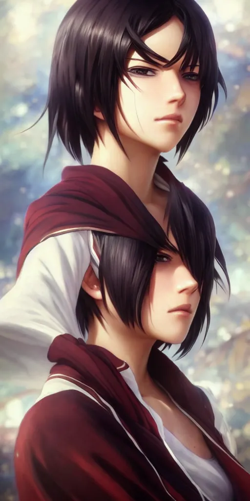 Image similar to mikasa ackerman, hero pose, medium shot, bokeh, beautiful face!!!!, 2 7 years old, cg animation, lifelike, animated, realistic, character select portrait, by artgerm, greg rutkowski, alphonse mucha, 3 d