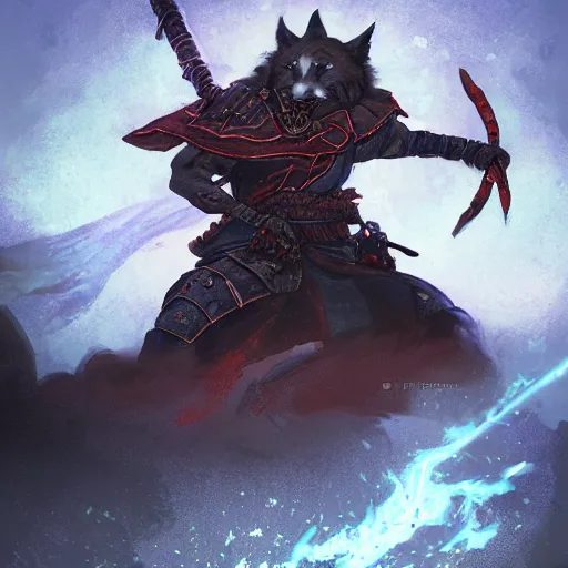 Image similar to anthropomorphic Azure samurai wolf, DnD character art portrait, fantasy battleground, raining, fire, oil painting, heroic pose, magic the gathering artwork, D&D, fantasy, cinematic lighting, centered, symmetrical, highly detailed, digital painting, artstation, concept art, smooth, sharp focus, illustration, volumetric lighting, epic Composition, 8k, art, DeviantArt, trending on Artstation, Jason Felix, Steve Argyle, Tyler Jacobson, Peter Mohrbacher, Akihiko Yoshida, Greg Rutkowski, Craig Mullins, Frank Frazetta, cinematic lighting