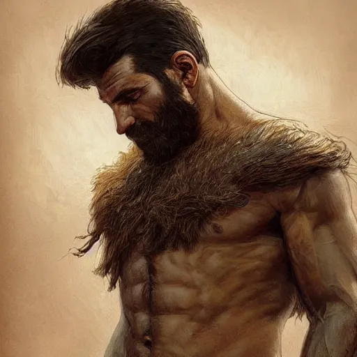 Image similar to portrait of a rugged ranger, 2 5 years old, muscular, upper body, face, hairy torso, d & d, fantasy, intricate, elegant, highly detailed, digital painting, artstation, concept art, smooth, sharp focus, illustration, art by artgerm and greg rutkowski and alphonse mucha