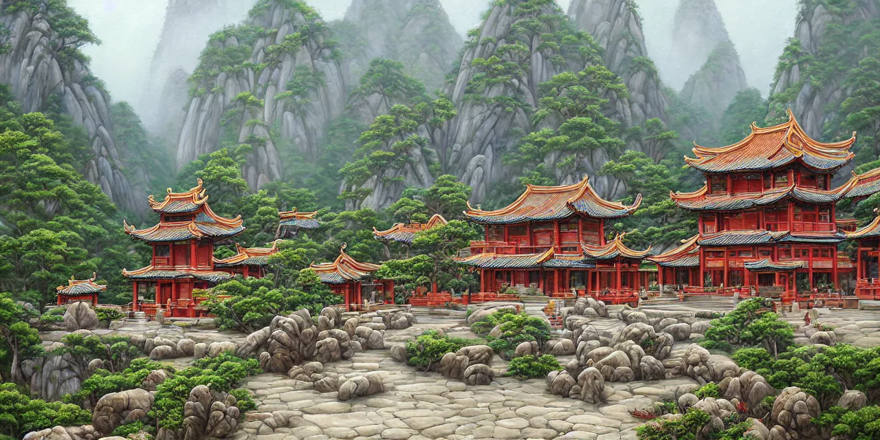 Image similar to the taoist temples of huangshan, landscape painting by pam neilands