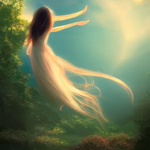 Image similar to a thin, pretty young Filipino woman with long hair floats dramatically in the air in a dreamy world in the distance, her face is shaded, very beautiful, inspiring, dramatic lighting, abstract digital art, trending on artstation