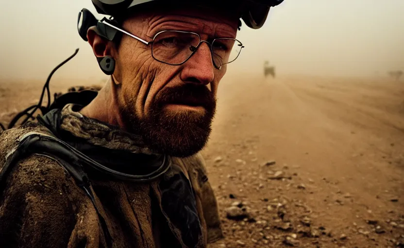 Image similar to cinestill 5 0 d candid photographic portrait by helen levitt of heisenberg wearing rugged black mesh techwear on a dirtbike through a desolate plain, extreme closeup, modern cyberpunk moody emotional cinematic, dust storm, 8 k, hd, high resolution, 3 5 mm, f / 3 2, ultra realistic faces, ex machina