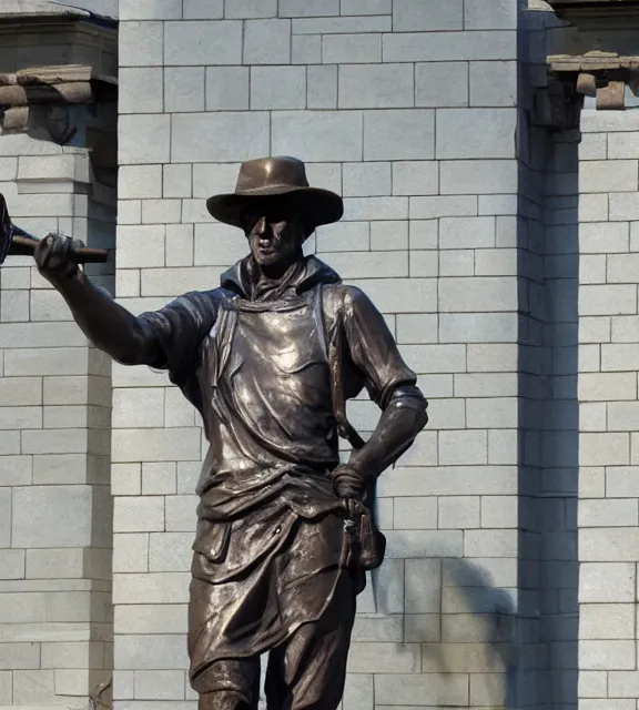 Image similar to a 4 k photorealistic photo medium shot of a bronze statue of a man wearing a fedora holding a sword, standing heroically.