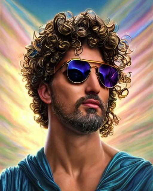 Prompt: portrait of glamor greek god zeus | justin trudeau wearing sunglasses and a laurel wreath | curly hair | lightning storm background | highly detailed | very intricate | professional model | cinematic lighting | painted by donato giancola and mandy jurgens and charlie bowater | bold colors, artdeco, art deco synthwave anime aesthestic, 8 0 s nostalgia | artstation