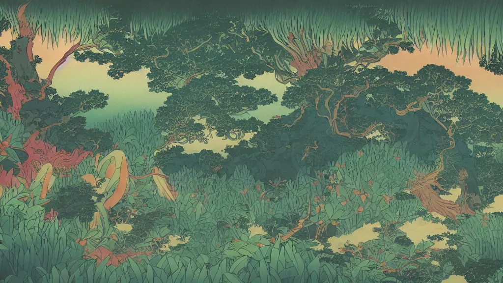 Image similar to a glowing magical jungle in the style of hokusai, firefly, fantasy, nature, pastel, digital art.