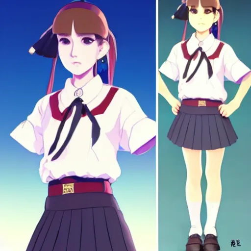 Image similar to a beautiful! boyish! natalie portman model, wearing catholic school girl outfit with mayan pattern and native style, jrpg aztec street fashion, gapmoe yandere grimdark, trending on pixiv fanbox, painted by greg rutkowski makoto shinkai takashi takeuchi studio ghibli, akihiko yoshida