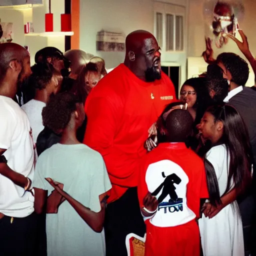 Prompt: shaquille o'neal speaking to a cult devoted to him