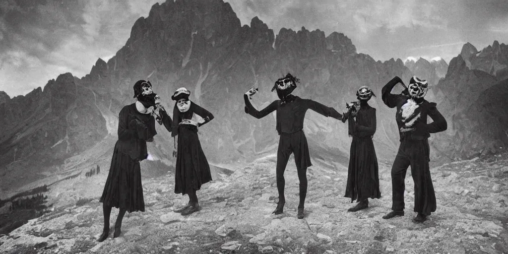 Prompt: alpine folklore masks 1920s photography dark, scary, dance, dolomites