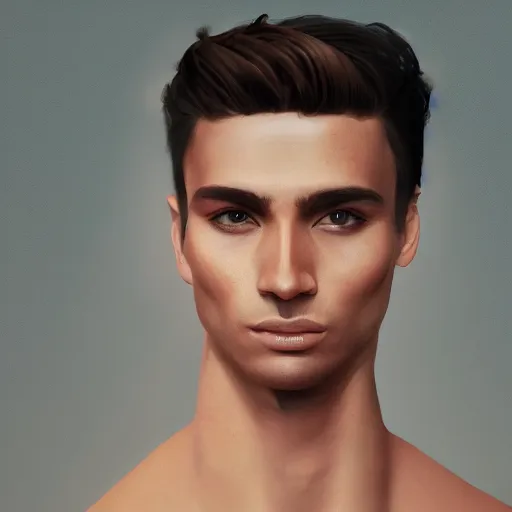 Prompt: ethereal aesthetic painting of a beautiful man with tan skin and short dark hair, clean shaven, scar on temple, angelic, 4k, trending on artstation