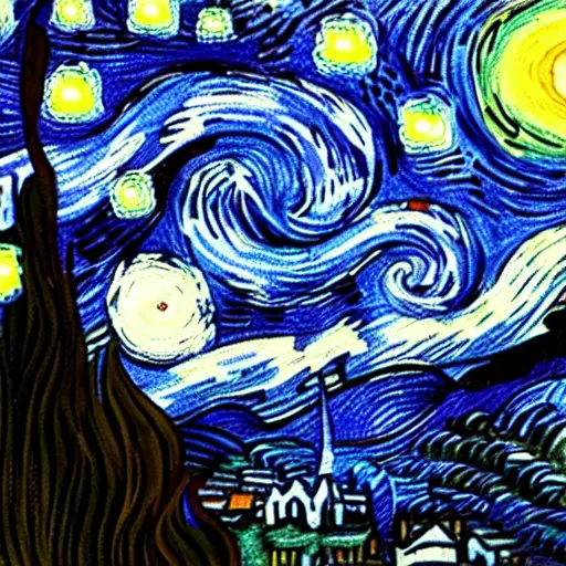 Prompt: smurfs by da vinci, starry night style