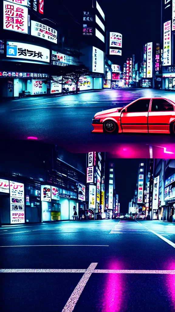 Image similar to a car drift spec JZX100 in middle of road, shibuya prefecture, city midnight neon lights, cinematic color, photorealistic, highly detailed