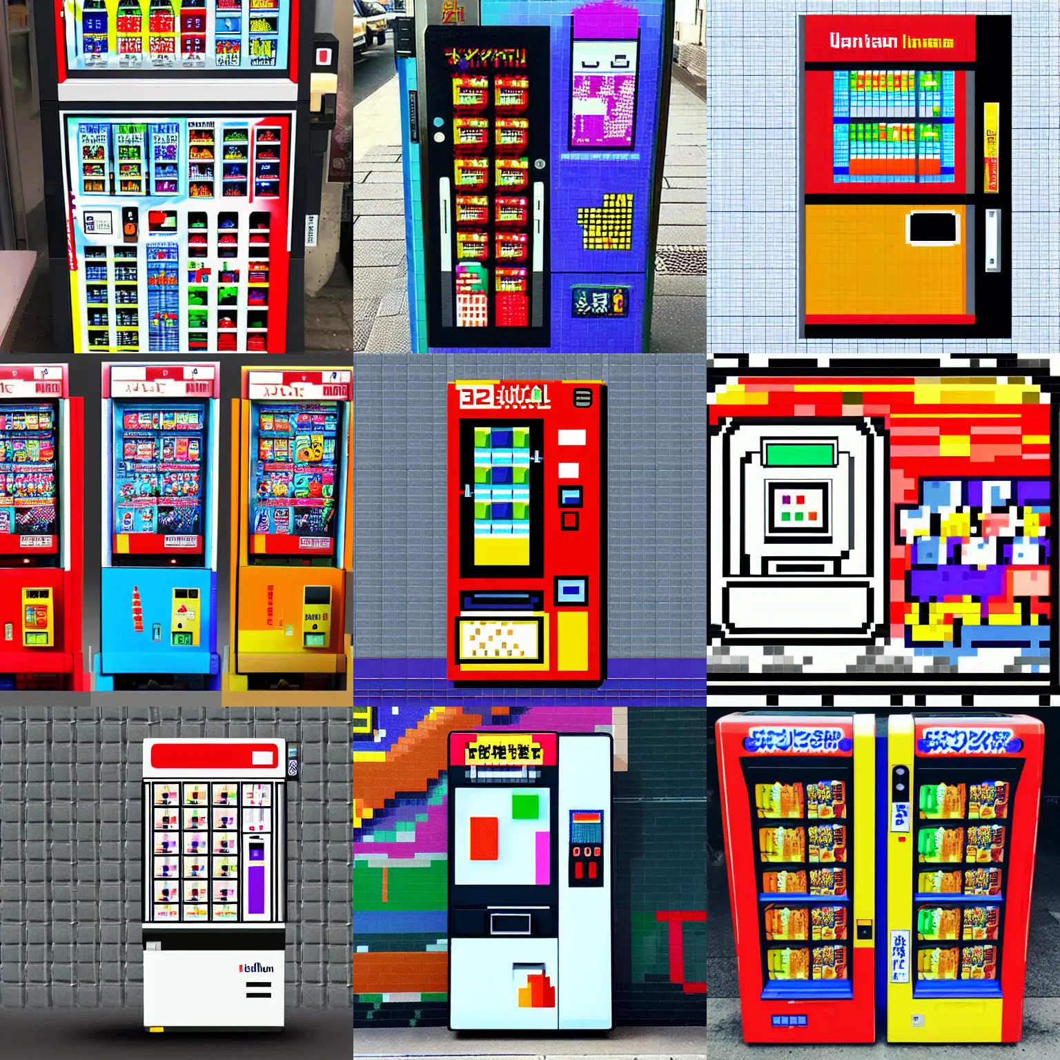 Prompt: 32-bit pixel art of japanese vending machine, very colorful, sharp, 4k, trending on twitter