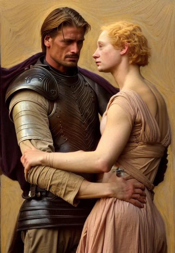 Image similar to attractive handsome fully clothed jaime lannister confesses his love for attractive fully armored brienne of tarth. centered composition. highly detailed painting by gaston bussiere and j. c. leyendecker and william adolphe bouguereau and fra angelico and octane render, musee d'orsay 8 k