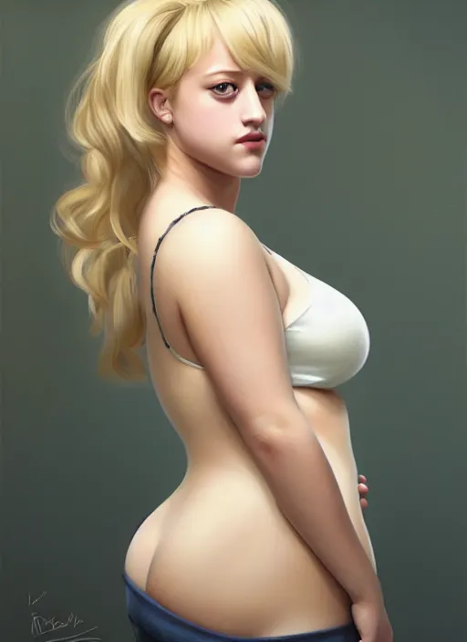 Image similar to full body portrait, teenage lili reinhart, blonde hair, obese, bangs, ponytail, sultry, realistic, sultry smirk, fluffy bangs, curly bangs, fat, belly, intricate, elegant, highly detailed, digital painting, artstation, concept art, smooth, sharp focus, illustration, art by wlop, mars ravelo and greg rutkowski