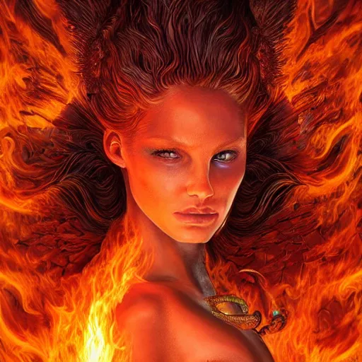 Image similar to A stunning portrait of a goddess, her body made of flames, by Jim Burns, 8K UHD, intricate, fantasy, Trending on artstation.