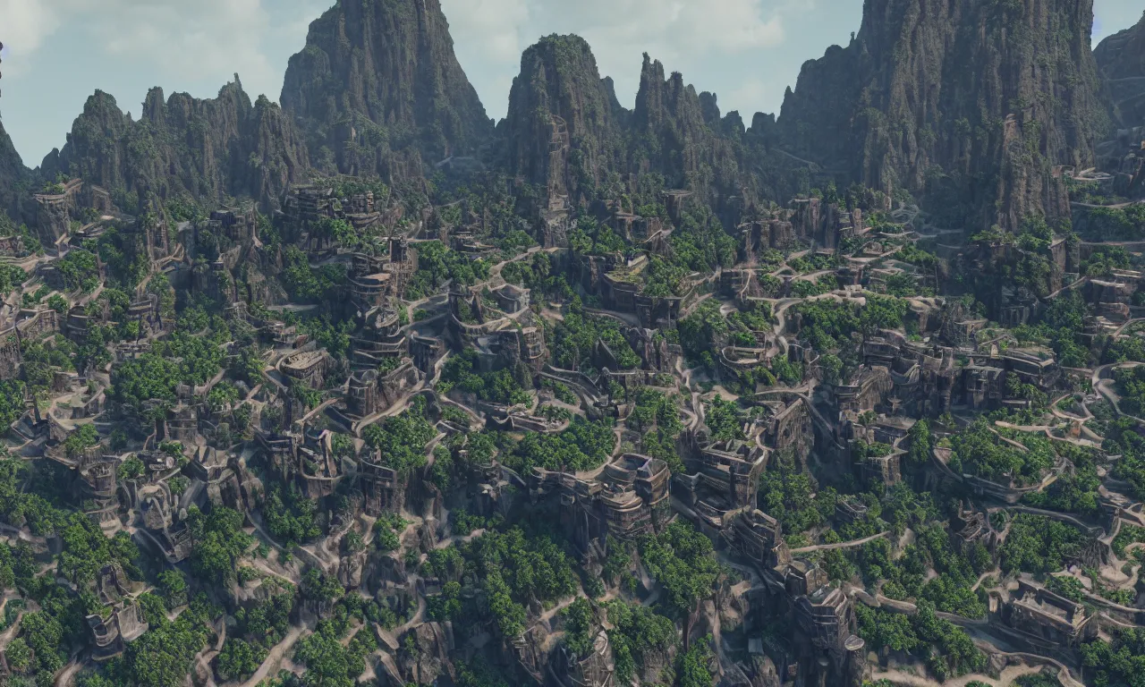 Image similar to a great city carved into the side of a mountain, photorealistic, ultra realistic landscape, 8 k, octane render, unreal engine 5