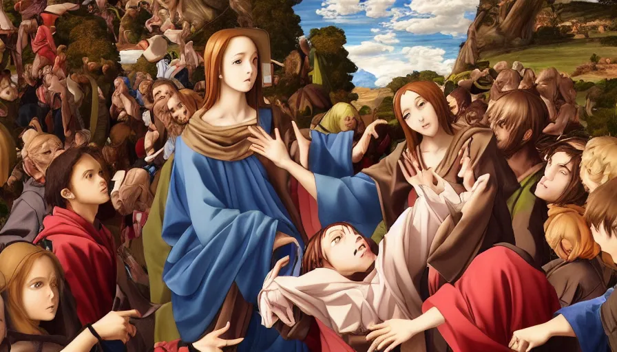 Image similar to jesus christ our lord and savior blessing a cute anime gir, photorealistic, anime, renaissance painting, hyper real, detailed, wide angle shot