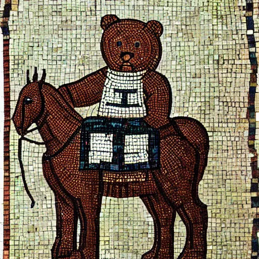 Image similar to a large teddy bear wearing chainmail, on a horse byzantine mosaic