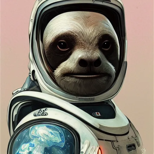 Image similar to detailed science - fiction character portrait of a sloth in space robot suit, intricate, wild, highly detailed, digital painting, artstation, concept art, smooth, sharp focus, illustration, art by artgerm and greg rutkowski and alphonse mucha