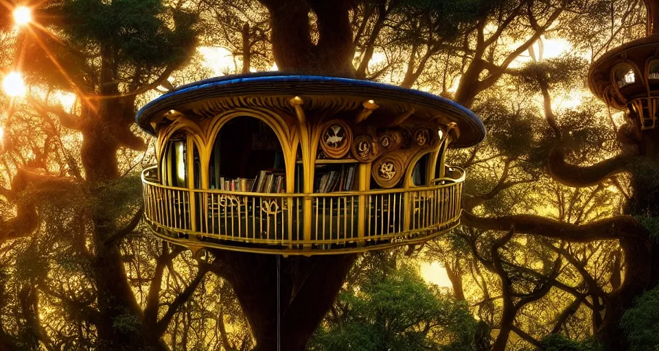 Image similar to A scene from a 2022 fantasy film featuring a cozy art nouveau reading nook inside a treehouse in a fantasy city. Suspended walkways. Disorganized ancient books. Golden Hour. 8K UHD.