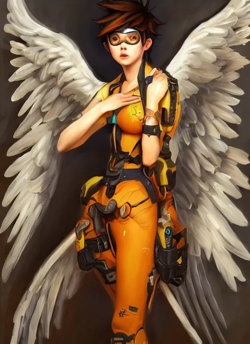 Image similar to full body oil painting of tracer overwatch in the style of sophie anderson, angel wings, dress garment, dramatic painting, wearing steel collar, symmetrical composition, ornate, high detail,