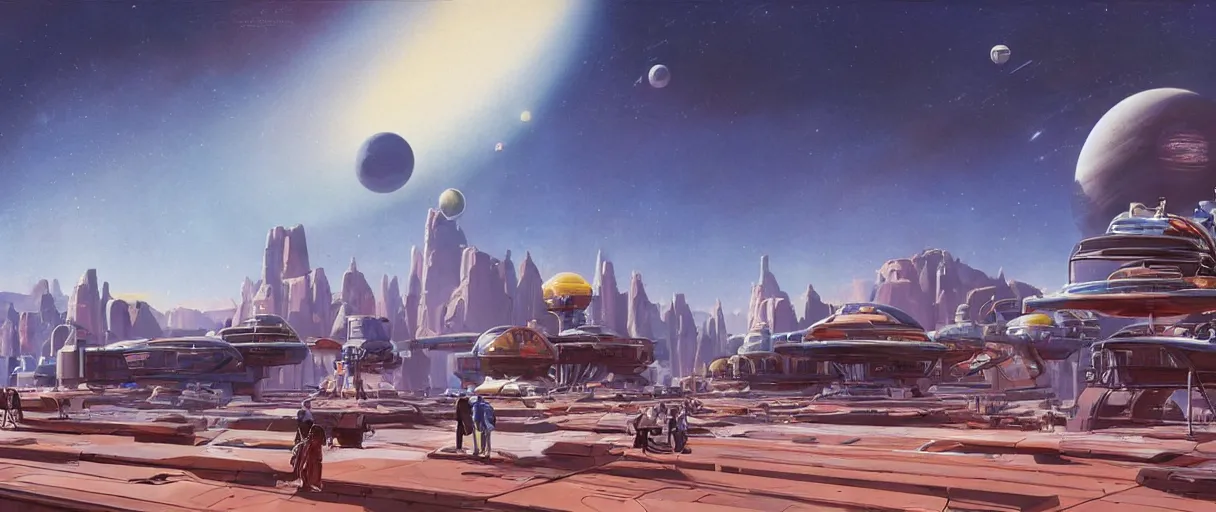 Prompt: a retro futurism elevated railway in a space colony on a massive scale canyons planet, ringed planet on the horizon by robert mccall and john berkey | ralph mcquarrie :. 5 | unreal engine :. 3
