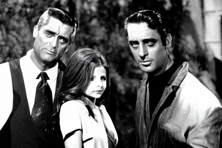 Image similar to cary grant as giles in buffy the vampire slayer, along side sarah michelle gellar 1 9 9 8