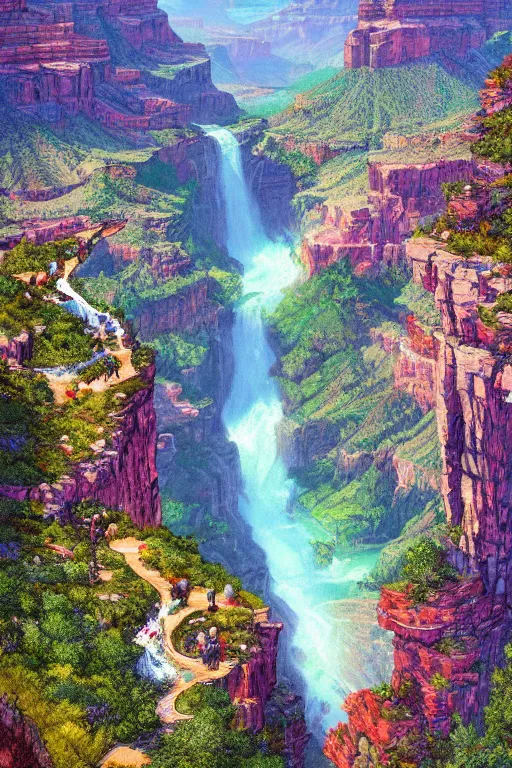 Prompt: landscape of waterfall in grand canyon neon colors, bird eye view, hyperdetailed illustration by kim jung gi, irakli nadar, intricate linework, bright colors, octopath traveler, final fantasy, unreal engine 5 highly rendered, global illumination, radiant light, detailed and intricate environment