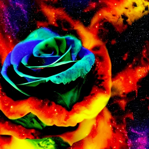 Prompt: award - winning macro of a beautiful black rose made of molten magma and colorful nebulae on black background by harold davis, georgia o'keeffe and harold feinstein, highly detailed, hyper - realistic, inner glow, trending on deviantart, artstation and flickr, nasa space photography, national geographic