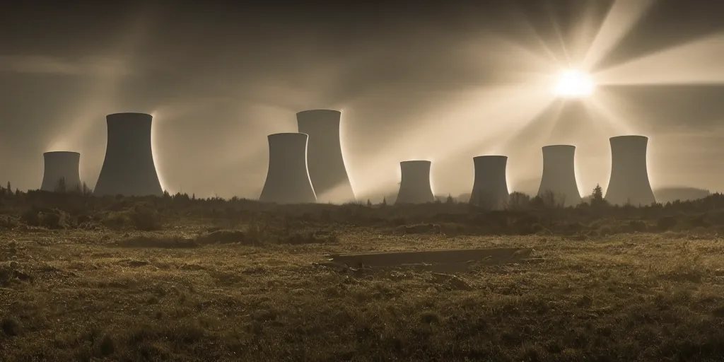 Image similar to nuclear power plant with cooling towers, lost place photo, sunrays, apocalyptic, mist, volumetric lights, wilderness, distropic, dirt, dramatic, cinematic, 8K, trending on artstation