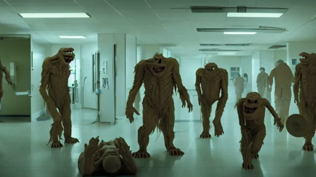 Image similar to monsters invade the hospital, film still from the movie directed by denis villeneuve and david cronenberg with art direction by salvador dali, wide lens