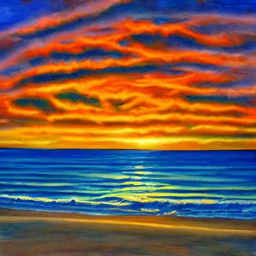 Prompt: Beach, sunset, art of Lauretta Jones