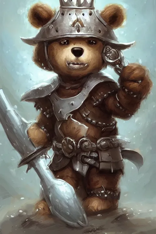 Image similar to cute little anthropomorphic bear knight wearing a cape and a crown, tiny, small, miniature bear, baby animal, short, pale blue armor, cute and adorable, pretty, beautiful, DnD character art portrait, matte fantasy painting, DeviantArt Artstation, by Jason Felix by Steve Argyle by Tyler Jacobson by Peter Mohrbacher, cinematic lighting