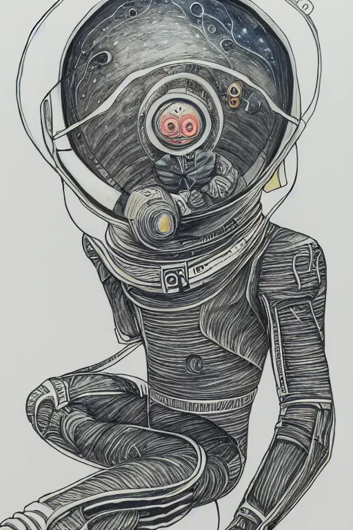 Prompt: 'meditating astronaut by Aaron Horkey, photorealism, line-drawing, water color on white paper'