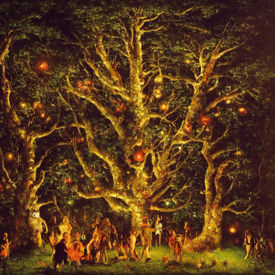 Prompt: a night carnival around a magical tree cavity, with a surreal orange moonlight and fireworks in the background, next to a lake with iridiscent water, christmas lights, folklore animals and people disguised as fantastic creatures in a magical forest by summer night, masterpiece painted by gustave courbet, mark keathley, greg rutkowski and annie leibowitz, dark night environment