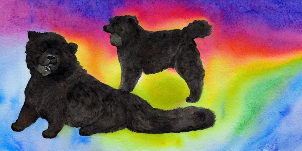 Image similar to a watercolor painting of an off - black chow chow puppy standing on a glowing rainbow bridge