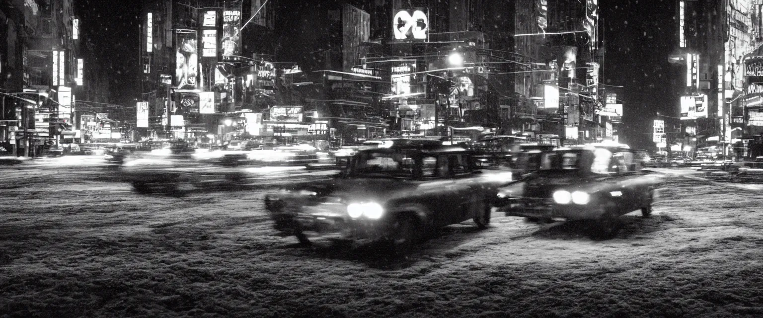 Prompt: detailed sharp photograph in the style of popular science circa 1 9 5 5 and gregory crewdson of a taxi driver in a checker cab in the snow on broadway at night 1 5 0 mm lens close up