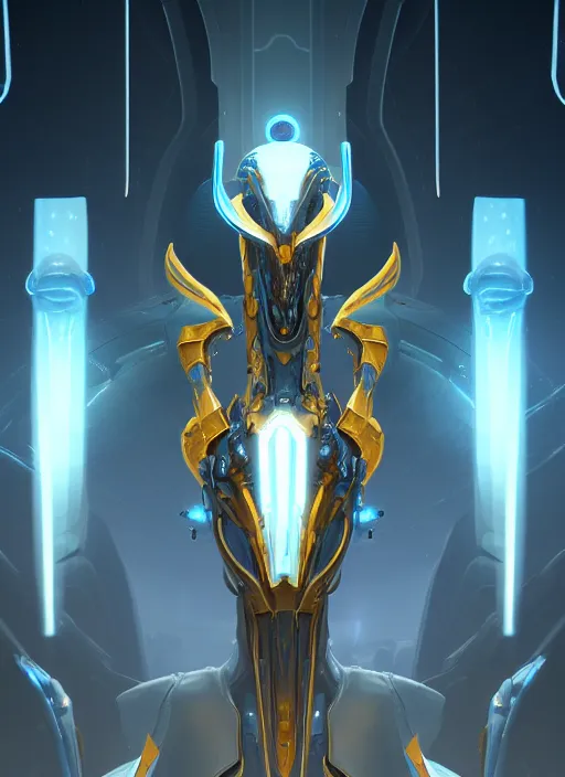 Image similar to benevolent cyborg necromancer, scifi, futurism, alien room background, white, blue, gold, protoss, warframe, highly detailed, trending on artstation, soft light, sharp edges, illustration, character design, art by vitaly bulgarov and nivanh chanthara