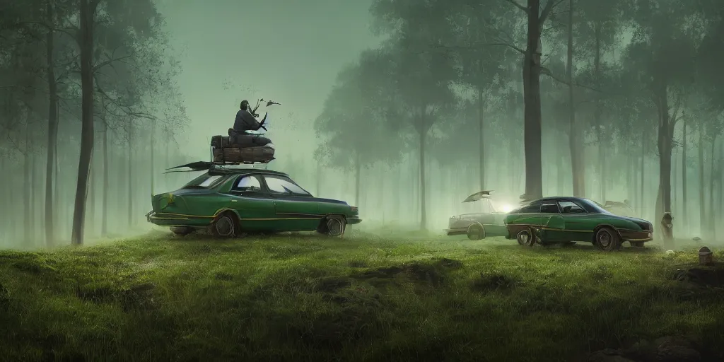 Image similar to knight sits on hood of a green car, elegant scene, indian forest, wide angle, cinematic, ultrarealistic, trending on artstation, cgsociety, highly detailed, color graded, rendered in unreal engine 4 k hq, matte painting, by simon stalenhag, horizon forbidden west